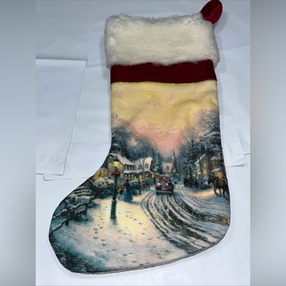 THOMAS KINKADE Village Christmas Fur Stocking Gold Embroidery 15"  Satin lining - Picture 9 of 15